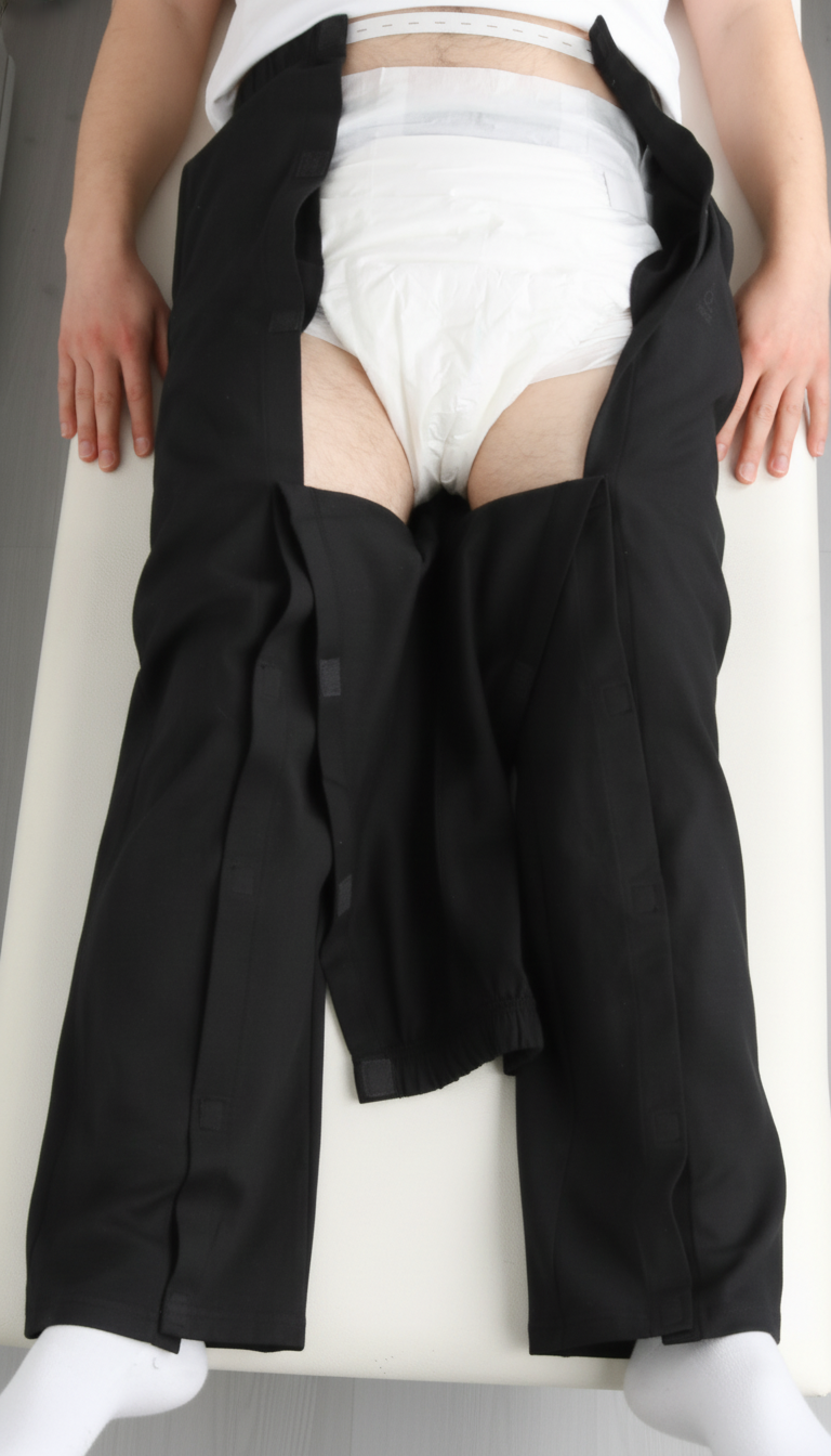 ComfortCure Adaptive Pflegehose für bettlägerige Patienten mit Klettverschluss, Schwarz, Aufsicht liegend, Vorderteil nach unten geklappt, Inkontinenzvorlage sichtbar