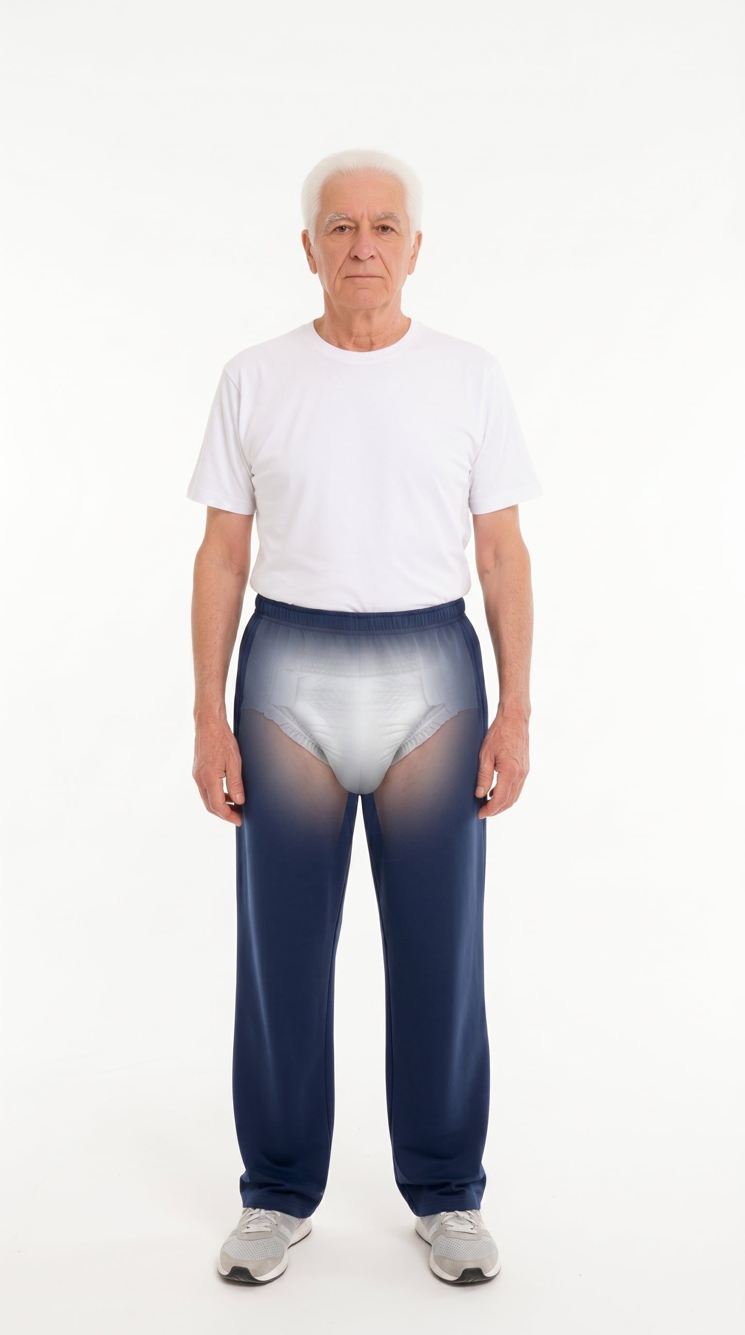 ComfortCure Adaptive Pflegehose für bettlägerige Patienten - mit Reißverschluss, Navy, Vorderansicht, älterer Mann, transparente Einblendung der Inkontinenzvorlage