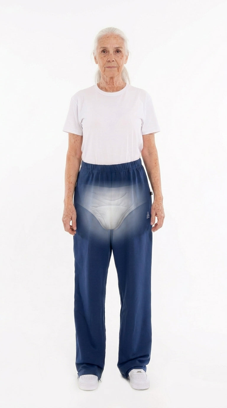 ComfortCure Adaptive Pflegehose für bettlägerige Patienten - mit Reißverschluss, Navy, Vorderansicht, ältere Frau, transparente Einblendung der Inkontinenzvorlage