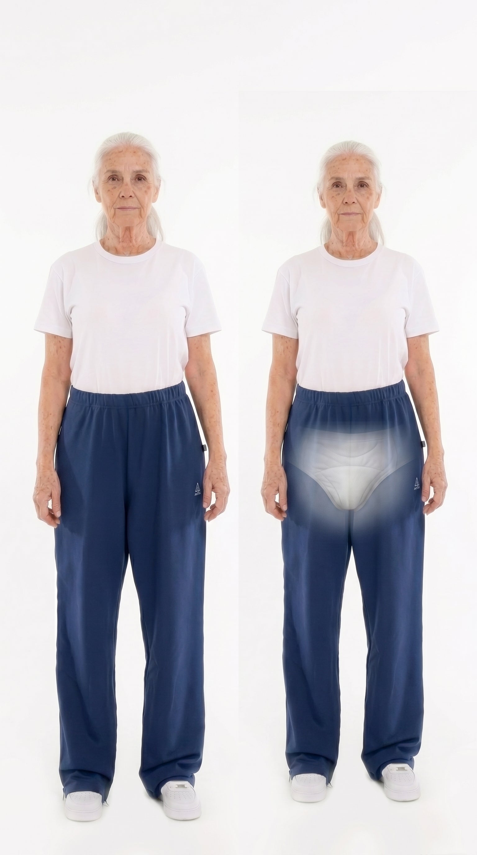 ComfortCure Adaptive Pflegehose für bettlägerige Patienten - mit Reißverschluss, Navy, Vergleich Vorderansicht geschlossen und mit transparenter Einblendung der Inkontinenzvorlage